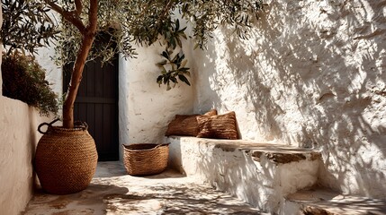 Sun-drenched white stucco wall in a Mediterranean courtyard, shadows of olive tree branches cast on the wall, rustic woven baskets on a bench.