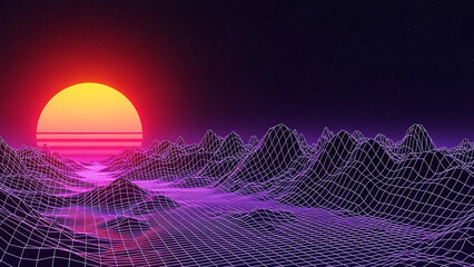 synthwave background landscape with glowing retro sun and digital wireframe mountains evoking an 80s aesthetic for technology and gaming concepts