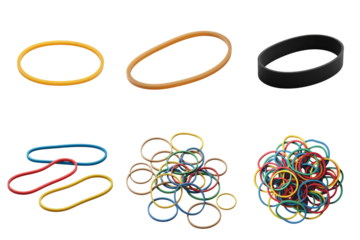 Rubber band collection in various colors and sizes for office and office supplies concepts
