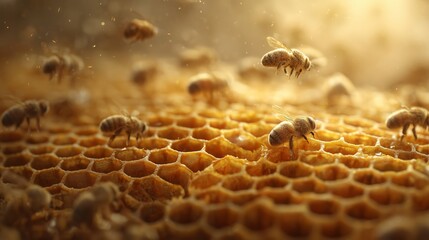 Honeybees on honeycomb close-up. Macro view of bees flying and crawling on wax hexagon cells in warm golden light, blurred background; beekeeping and honey production.