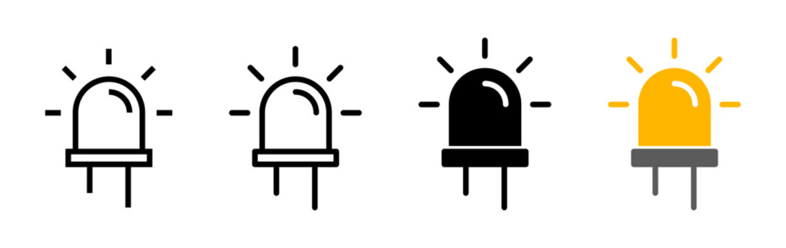 LED light icon set with lamp symbols representing illumination status, light emitting diode indicator, electronic signal and energy efficient lighting concept