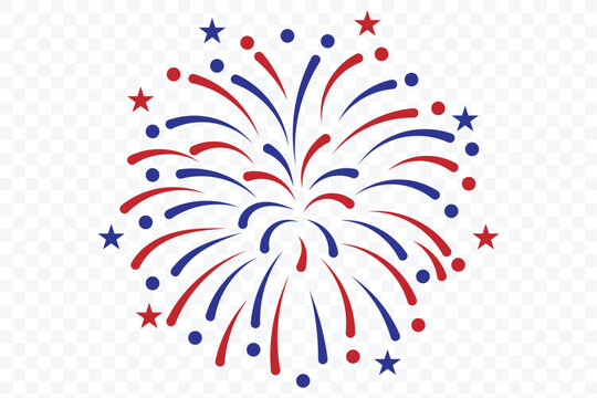Set of fireworks with a red and blue stars and sparks . United states of america independence day fireworks. Red, blue fireworks for 4th of July. Red, blue, white usa flag color firework border.
