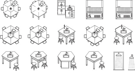 A series of precise architectural and interior design concepts are artfully rendered, illustrating furniture and office elements in meticulous detail.