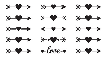 Hand drawn romantic arrow collection with hearts and cursive love typography for valentine day wedding celebrations