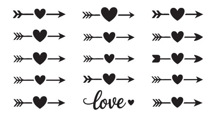 Set of black heart arrows with calligraphy love word decorative elements for wedding valentine cards