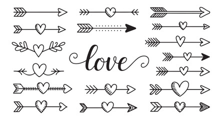 Line art heart arrows with love calligraphy text wedding invitation valentine decoration graphic elements