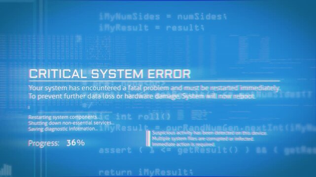 Blue toned critical system error interface with reboot progress and diagnostic messages, illustrating operating system failure, software crash and digital infrastructure breakdown