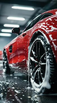 Red Porsche car on a wet floor after being washed.