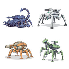 Fototapeta premium Four distinct futuristic combat robots, each with multiple legs and unique weapon designs, showcasing advanced mechanical engineering.