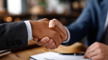 Faceless lawyers shaking hands after signing contract agreement on wooden table, legal partnership conclusion, attorney collaboration, professional deal completion, defocused hands greeting,