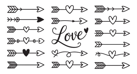 Assortment of decorative arrows hearts and cursive love text for romantic theme