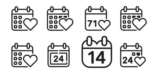 Love calendar icons for february fourteen and general dating schedules featuring heart shapes and numerical date marks