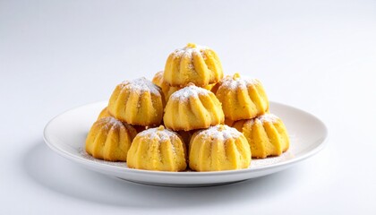 Delicious powdered mini cakes on white plate