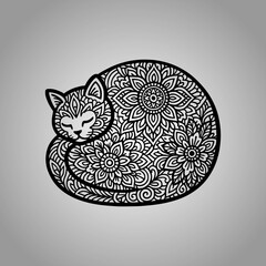 Cat Mandala Silhouette Designs Clean Flat Vector Composition