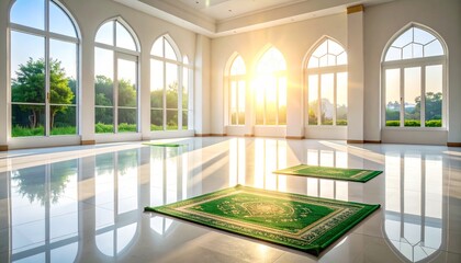 Bright sunlit mosque interior with arched windows and prayer mats