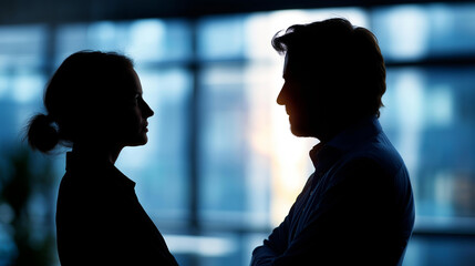 Faceless silhouettes of two people in office setting suggest serious discussion about construction law and potential abuse issues, legal consultation atmosphere, defocused figures, with copy