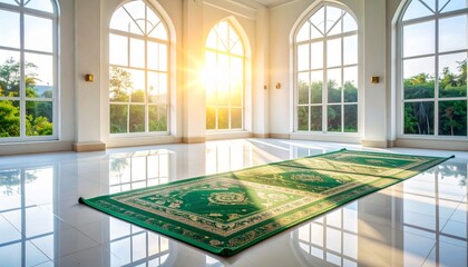Sunlit prayer room with green carpet and arched windows
