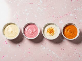 Assorted sauces and dips in small bowls on pink background
