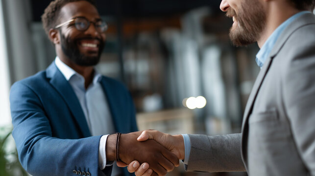 Faceless diverse businessmen shaking hands closing successful business deal, multicultural partnership agreement, professional collaboration conclusion, defocused executives greeting, with copy - Powered by Adobe