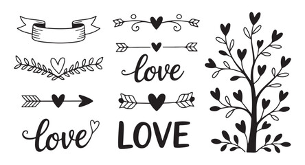 Hand drawn set of love and romance design elements includes calligraphic word love arrows heart shapes and dividers vector