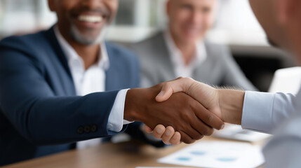 Faceless business meeting with handshake for recruitment and partnership success, people shaking hands to finalize hiring and celebrate job offer, professional agreement, defocused people, with