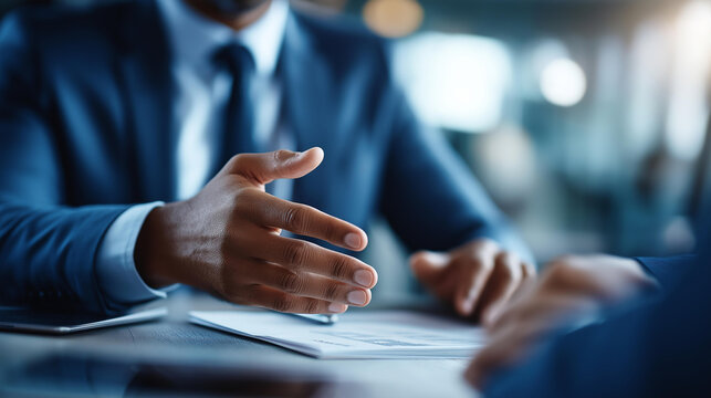 Faceless lawyer giving legal advice during professional consultation meeting, attorney client discussion, legal counsel session, professional guidance, defocused legal professional, with copy - Powered by Adobe