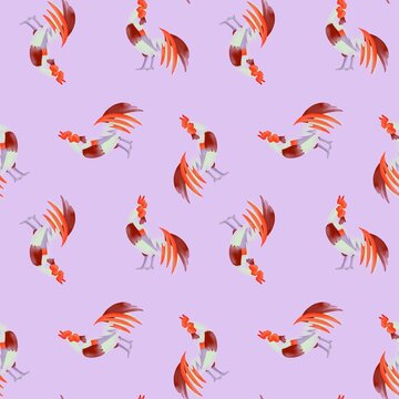 Colourful roster on purple background seamless pattern