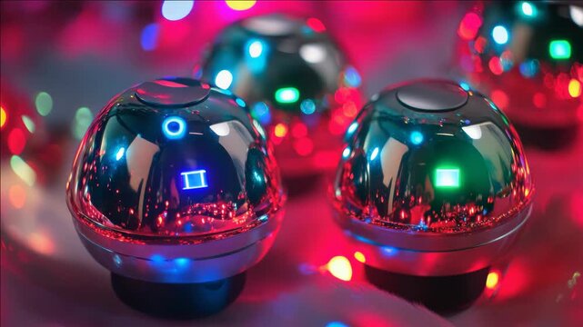 Set of four electronic LED balls, featuring red and green lights. Perfect festive decoration or party favors.