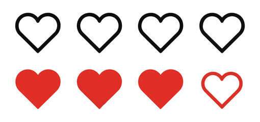 Set of minimalist heart icons with outline and solid red fill styles for ui design and social media interactions