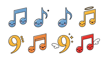 Musical Notes and Symbols Floating in a White Space with Cartoonish Emotions and Illustrative Style