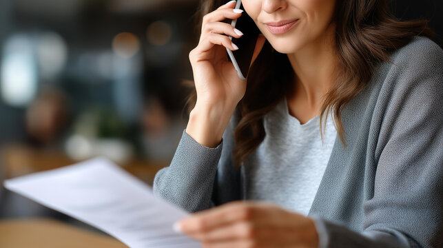 Faceless phone call paperwork and woman on loudspeaker in office, renewal agreement or deal negotiation for client, coworking mobile and contract manager with voice note feedback changes for