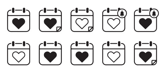 Collection of calendar icons featuring hearts, some with notifications and corner details, for love