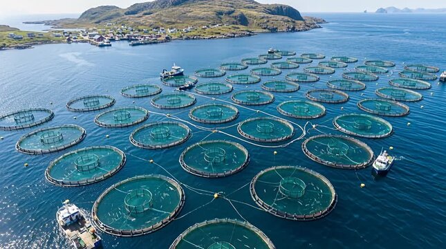 Aerial view of a large fish farm with circular cages in the ocean near a coastal village and mountains.