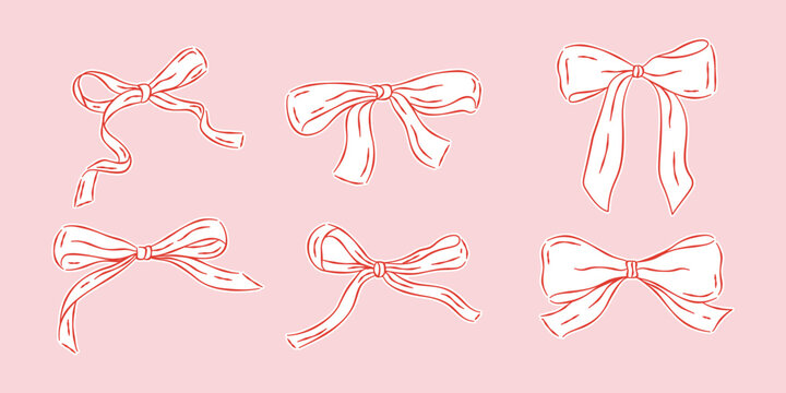 Set of hand-drawn red ribbon bows in doodle style, isolated on a light pink background. Perfect for wrapping, decoration, and holiday designs.