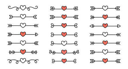 Variety of red heart dividers and decorative arrow line borders for festive holiday graphics and card designs