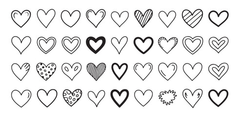 Set of 36 doodle heart icons in black outline and some with black fill on a white background