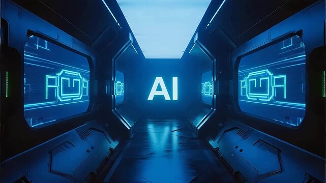 Futuristic corridor with AI sign