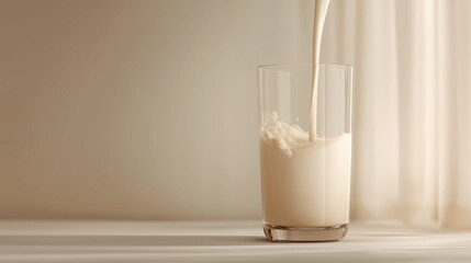 Minimalist composition with a glass of milk on a soft beige background, emphasizing simplicity, nutrition and clean design