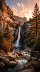 Majestic Waterfall in Yosemite National Park Mountain Range, Hiking Through Golden Nordic Landscape with Sunset Light and Rushing Water, Adventure Travel in California Wilderness