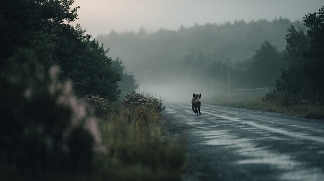 Misty rural road with a wild boar standing in the fog, creating a tense and atmospheric wildlife scene in the countryside