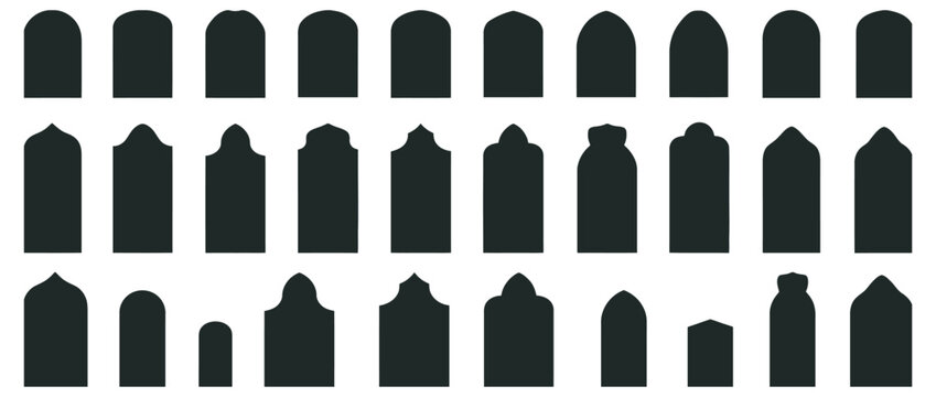 Diverse collection of abstract headstone and grave marker silhouettes, showcasing various classic and modern top designs for memorial graphics