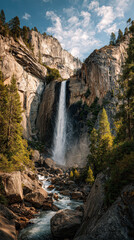 Majestic Waterfall in Yosemite National Park Mountain Range, Hiking Through Golden Nordic Landscape with Sunset Light and Rushing Water, Adventure Travel in California Wilderness