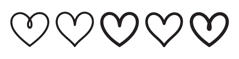 Set of five doodle style outline heart shapes hand drawn vector illustrations isolated on white background perfect for valentine card designs