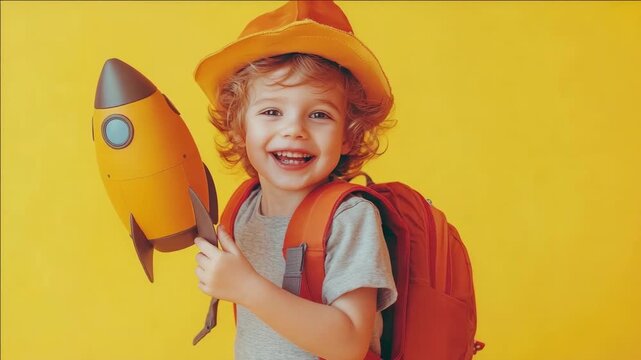 Cute toddler with a backpack and a suitcase, holding a rocket ship, smiling for the camera. He is dressed in travel gear, ready for an adventure.