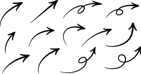 Hand drawn curved arrow set with dynamic directions, minimal black vector illustration for navigation, infographics, design elements and interfaces © ROWSHON HABIB