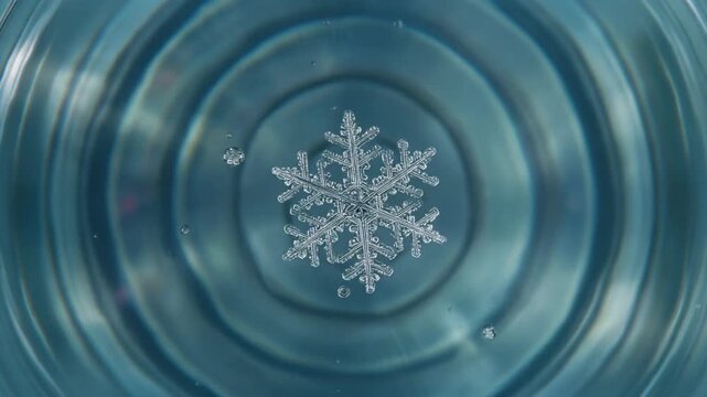 This icy blue macro photograph shows a detailed snowflake png resting on the water surface, generating beautiful, calming circular ripples.