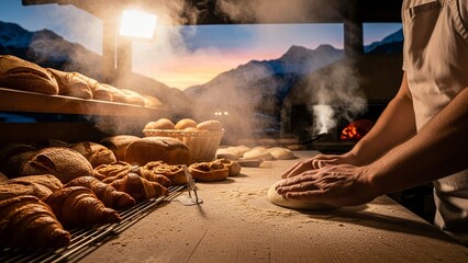 Baker Kneading Dough in Traditional Bakery with Mountain View