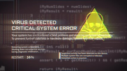 Futuristic computer interface displaying virus detected alert with critical system error text and skull graphic, visualizing cyber attacks, malware infections and digital security risks - Powered by Adobe