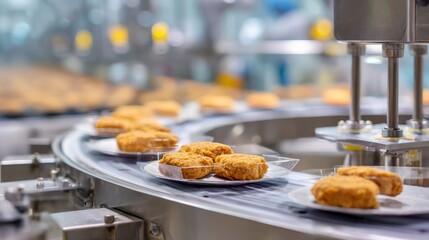 A conveyor belt is filled with fried chicken