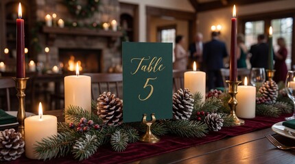Wedding table centerpiece with number card, pinecones, and candles in deep colors  